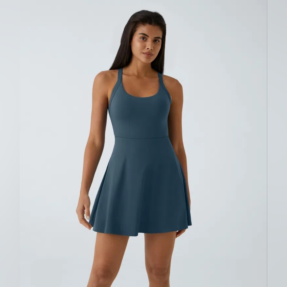 Halara Twist Back Active Dress Easy Peezy Longer Length D-F Cup Sz L Teal Blue - Picture 3 of 12